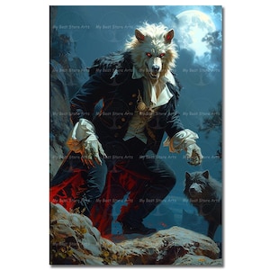 Dracula Werewolf Art Print - Gothic Spooky Wolf Poster, Dark Academia Wall Decor, Lycan Vampire Picture