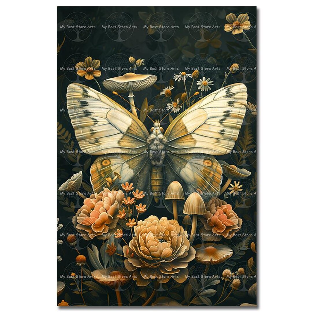 Cottagecore Moth Art Print - Botanical Poster, Moody Flower Wall Decor ...