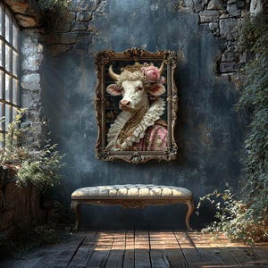 May include: A white cow with a pink flower in its hair is wearing a pink and white lace collar and a pink dress. The cow is framed in a gold ornate frame and is hanging on a blue wall. A wooden bench with a padded seat is in the foreground.