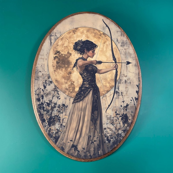 Mystical Artemis Wooden Decor- Vintage Style Wood Plaque, Greek Goddess Wall Decor, Pagan Deity Altar Art, Moody Witchy Gothic Oval Art,