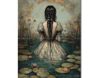 Into the Waters Art Print - Moody Gothic Picture, Cottagecore Decor, Dark Academia Poster, Ophelia Themed, Victorian Fairytale