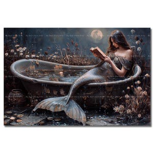 Mermaid Reading in Bathtub Art Print - Cottagecore Fantasy Wall Decor, Moody Dark Academia Gothic Picture, Bookish Siren Poster
