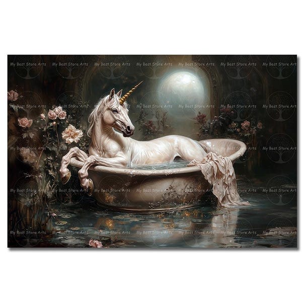 Gothic Bathtub Unicorn Art Print - Fantasy Elegant Picture, Cottagecore Poster, Horse Wall Decor, Bathroom Fairytale, Celestial Animal