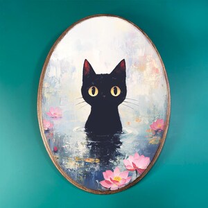 Cat in Lotus Pond Wooden Decor | Vintage-Style Wood Plaque, Whimsical Cute Moody Animal Art | Fantasy Kitten Wall Art |