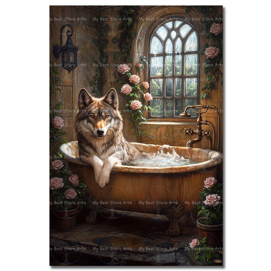 Wolves Bath Wolf Bathtub Art Print - Whimsical Romantic Poster, Cute Wildlife Decor ...