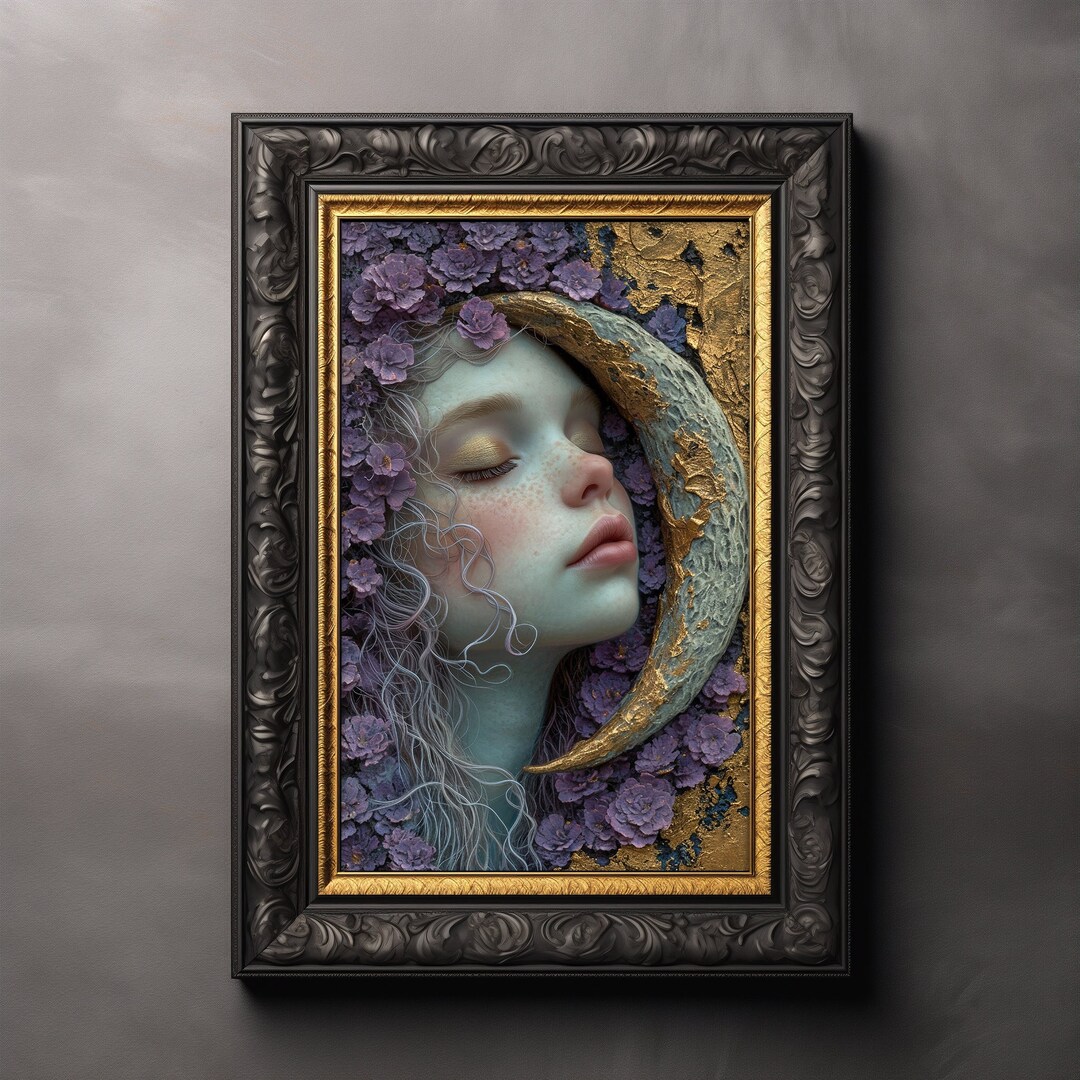 Fairy and the Moon Art Print Fantasy Wall Decor, Cottagecore Poster