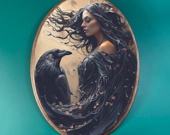 Morrigan Celtic Goddess Wooden Decor- Gothic Vintage Style Wood Plaque, Celtic Pagan Wall Art, Altar Wall Decor, Witchy Mystical Raven Art