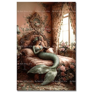 Green Siren in Bedroom Art Print - Fantasy Victorian Mermaid Decor, Reading Picture, Whimsical Decor, Fairytale Nymph, Antique-Themed