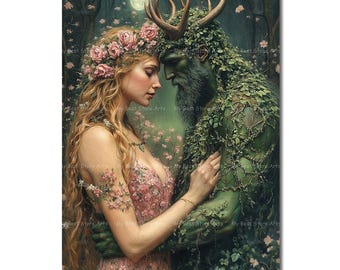 May Queen and Horned God Art Print - Pagan Beltane Poster, Witchy Mystical Esoteric Decor, Romantic Altar Art, Cottagecore Decor