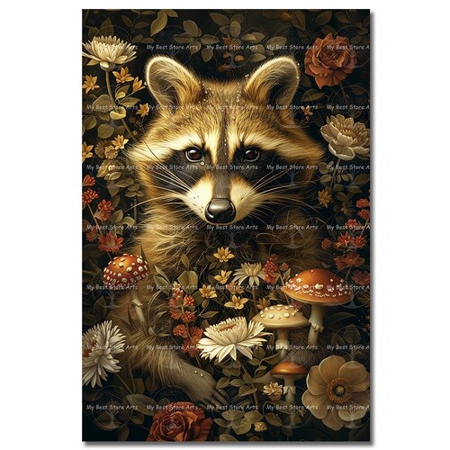 Cottagecore Raccoon Art Print - Botanical Poster, Moody Flower Wall Decor, Mushroom Picture, Animal Fantasy Portrait, Vintage-Themed
