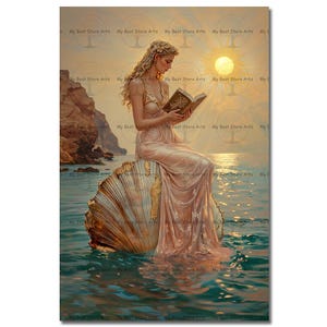 Aphrodite Reading Book Art Print - Greek Goddess Love Beauty, Venus Gothic Picture, Ocean Wall Decor, Celestial Poster, Fantasy Myth