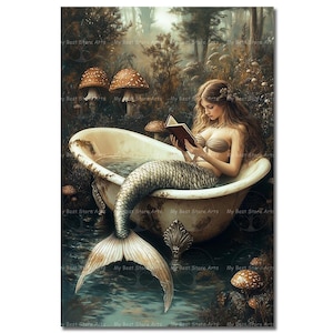 Mermaid in Bathtub Art Print | Cottagecore Fantasy Decor | Mystical Siren Poster | Whimsical Gothic Fairytale Bathroom Wall Art