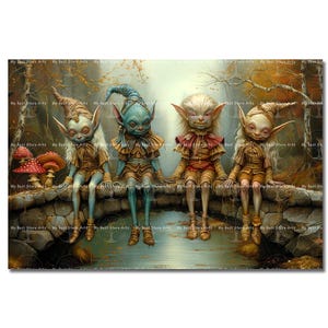 Cute Bridge Trolls Art Print - Fantasy Cottagecore Picture, Fairytale Poster, Whimsical Fae Wall Art, Folklore Decor, Mushroom Art