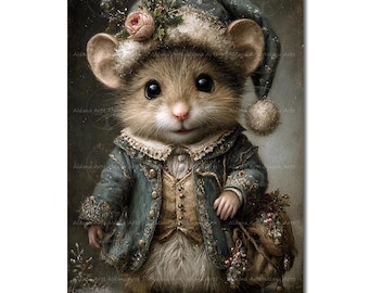 Cozy Christmas Mouse Art Print - Victorian Woodland Animal Wall Decor, Whimsical Yuletide Picture, Festive Holiday Poster
