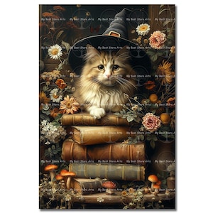 Witchy Library Cat Art Print - Whimsical Book Poster, Cute Kitten Wall Decor, Fairycore Picture, Animal Fantasy Portrait, Cottagecore
