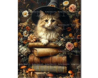 Witchy Library Cat Art Print - Whimsical Book Poster, Cute Kitten Wall Decor, Fairycore Picture, Animal Fantasy Portrait, Cottagecore