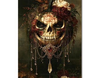 Gothic Pumpkin Skull Art Print - Dark Academia Boho Halloween Wall Decor, Spooky Autumn Flora Jack O Lantern Poster, Macabre Fall Picture