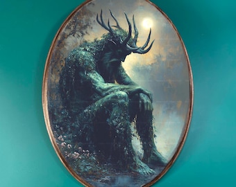 Moody Cernunnos Wooden Decor- Vintage Style Wood Plaque, Celtic Wildlife Pagan Altar Wall Decor, Mystical Nature God Oval Art