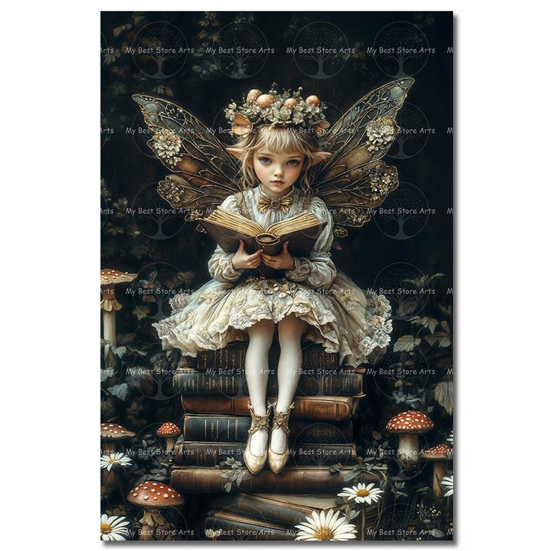 Book Fairy Art Print - Fantasy Library Cottagecore Picture, Fairytale ...