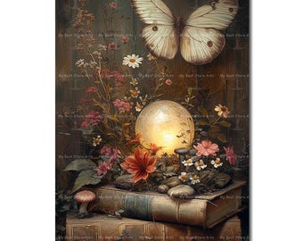 Magical Butterfly Books Art Print - Nature Cottagecore Fantasy, Witchy Bookish Wall Decor, Gothic Crystal Ball Poster