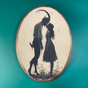 Satyr and Lady Wooden Decor- Vintage Style Wood Plaque, Dark Academia Faun Wall Art, Whimsical Gothic Romantic Oval Art, Witchy Wall Decor