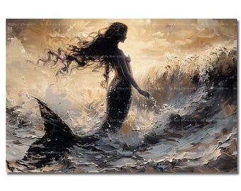 Abstract Mermaid Art Print - Surreal Gothic Sea Siren Poster, Fantasy Waves Decor, Ocean Nymph Picture