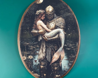May include: A painting of a knight in armor holding a mermaid with a tail. The knight is wearing a golden helmet and armor. The mermaid is wearing a white dress and has long flowing hair. The background is a dark forest with a moon in the sky.