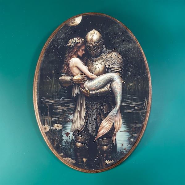 Armored Knight and Mermaid Wooden Decor- Gothic Fantasy Vintage Style Wood Plaque, Moody Cottagecore Siren Wall Art, Romantic Fairytale