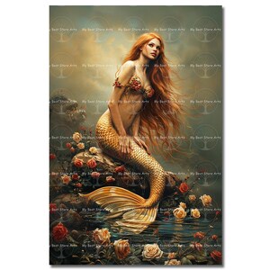 Sunset Rose Mermaid Art Print - Fantasy Wall Decor, Romantic Flower Siren Poster, Marine Dreamcore Picture