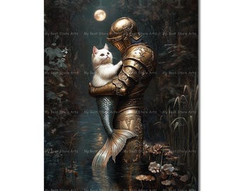 Mermaid Cat and Knight Art Print - Mystical Gothic Cat Poster, Cute Moody Fantasy Decor, Witchy Fairytale Animal Picture, Cottagecore