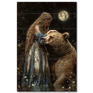 Artio and Bear Art Print - Celtic Goddess Shapeshifter Wall Decor, Moody Cottagecore Pagan Poster, Esoteric Deity Picture, Nature Art