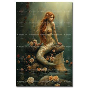 Mermaid Dream Art Print - Fantasy Wall Decor, Siren Poster, Magical Marine Flowers Picture, Romantic Rose Decor