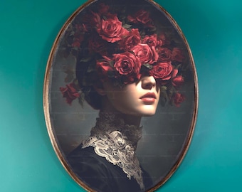 Rose Woman Wooden Decor- Vintage Style Wood Plaque, Mystical Dark Romantic Wall Decor, Victorian Gothic Oval Wall Art