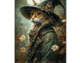 Cat Wizard Art Print - Witchy Fantasy Poster, Fairytale Kitty Decor, Dark Academia Picture, Gothic Whimsical Wall Art