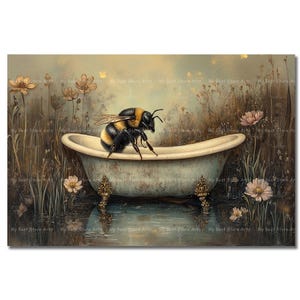 Bumble Bee Bathroom Art Print - Cottagecore Poster, Whimsical Picture, Cute Decor, Bathtub Art, Gothic Moody Portrait