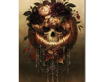 Flora Pumpkin Skull Art Print - Dark Academia Boho Halloween Wall Decor, Spooky Autumn Gothic Jack O Lantern Poster, Fall Fantasy Picture