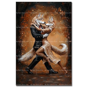 Tango Dancing Wolves Art Print - Fantasy Wall Decor, Funny Animal Picture, Cute Moody Poster, Whimsical Valentine's Day Gift