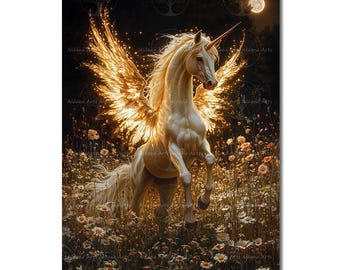 Celestial Pegasus Art Print - Fantasy Unicorn Cottagecore Picture, Fairytale Poster, Greek Mythological Winged Horse Wall Decor
