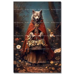 Spooky Red Riding Hood Wolf Art Print - Dark Fairytale Wall Decor, Fantasy Gothic Picture, Dark Academia Poster, Witchy Werewolf