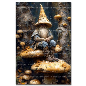 Forest Gnome Art Print - Fantasy Cottagecore Picture, Fairycore Mushroom Poster, Moody Whimsical, Nature Wall Art, Magical Elf