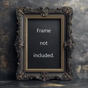 May include: A rectangular picture frame featuring an ornate, dark black finish with subtle gold-toned highlights along the intricate scrollwork and carved edges. The center of the frame displays the white text, Frame not included.