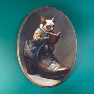 Bat on Shoe Wooden Decor- Fairytale Fantasy, Vintage Style Wood Plaque, Whimsical Animal, Victorian Bat with Book, Gothic Moody Wall Art