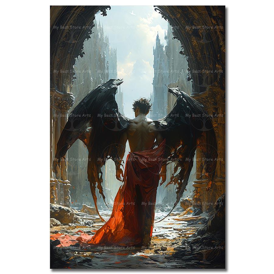 Fallen Angel Ruins Art Print - Fantasy Poster, Dark Academia Demon
