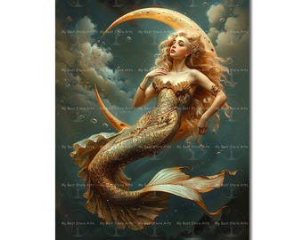 Surreal Mermaid Night Art Print - Fantasy Wall Decor, Siren Poster, Moon Picture, Gothic Moody Art