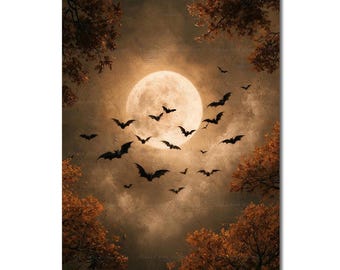 Bat Full Moon Art Print - Dark Academia Halloween Wall Decor, Spooky Witchy Poster, Night Sky Fantasy Picture