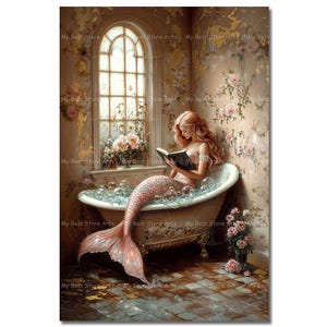 Pink Mermaid in Bathtub Art Print - Fantasy Victorian Siren Decor, Reading Picture, Bathroom Decor, Fairytale Nymph, Antique-Themed