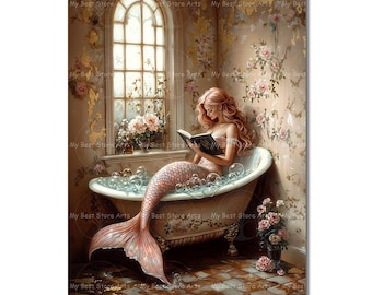 Pink Mermaid in Bathtub Art Print - Fantasy Victorian Siren Decor, Reading Picture, Bathroom Decor, Fairytale Nymph, Antique-Themed