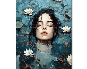 Woman in the Lake Art Print - Moody Gothic Picture, Cottagecore Decor, Dark Academia Poster, Ophelia Themed Fairytale Wal Decor