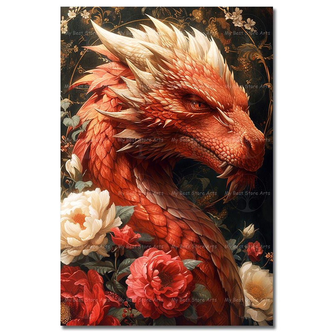 Mystical Red Dragon Art Print - Fantasy Wall Decor, Gothic Picture ...