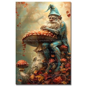 Blue Gnome Art Print - Fantasy Cottagecore Picture, Fairy Forest Poster, Whimsical Moon, Moody Cute Nature Wall Art, Magical Elf